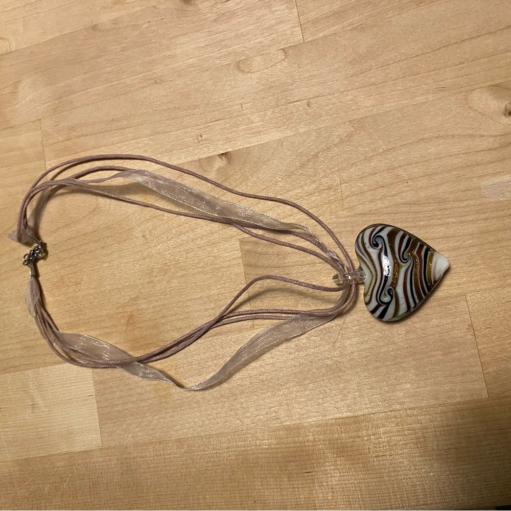Swirled Glass Heart Pendant Necklace in Beige and Brown
